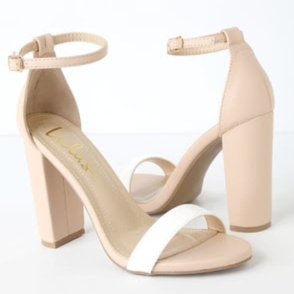 Lulus Light Nude and White Color Block Ankle Strap Heels